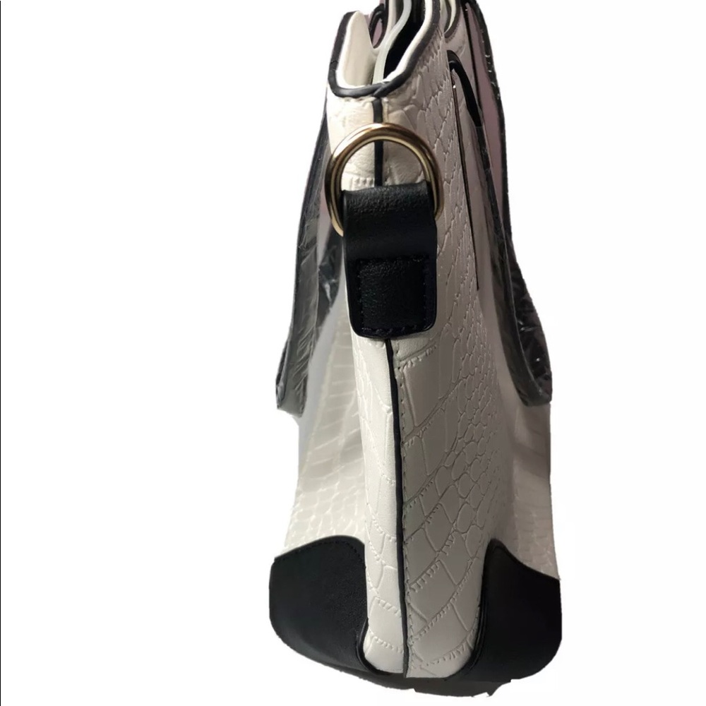White Black Faux Leather Croc Satchel Handbag Set - Picture 5 of 6